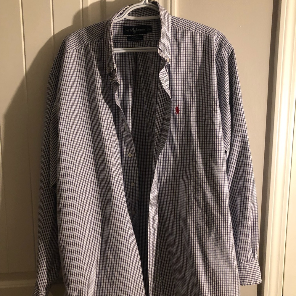 Ralph Lauren Mens Button Up Dress Shirt Blue Blake 100% Two-Ply Cotton size XL